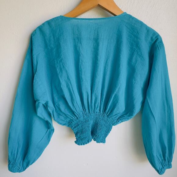 Vintage Mexican Top Turquoise Boho Hand Embroidered V-Neck Crop Smock Waist S - Picture 4 of 5